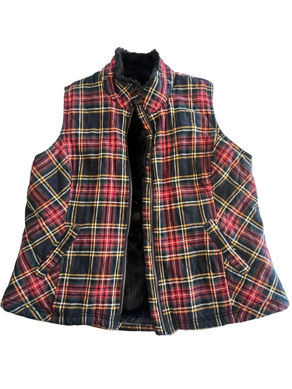 Coldwater Creek Flannel Vest Faux Fur Lining Tartan Plaid/Black Size Large NO SZ